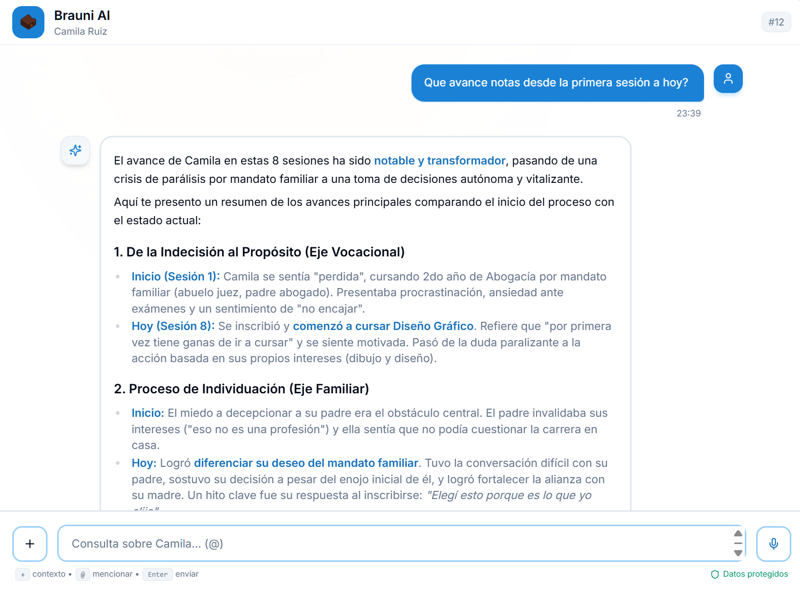 Chat de Brauni IA mostrando análisis de avances clínicos desde la primera sesión